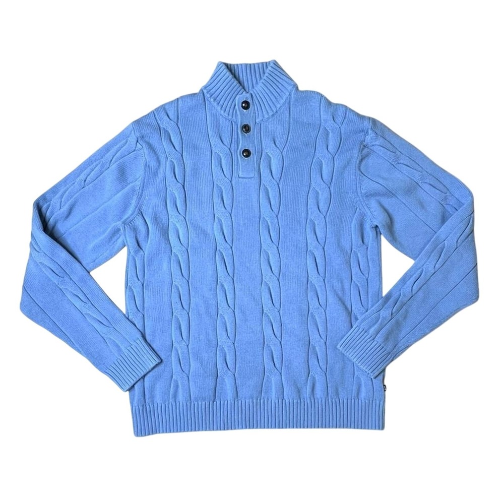Chaps Button Mock Neck Cable Knit Blue Henley Sweater‎ XXL Cottage Normcore SALE